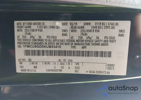 2019 Ford Escape Se z USA, uszkodzony, nr VIN 1FMCU9GD5KUB53415